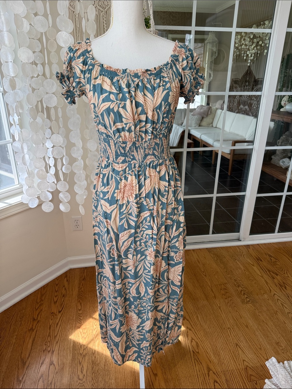 patrons of peace Floral Smocked Midi Dress in Teal and Cream 100% rayon